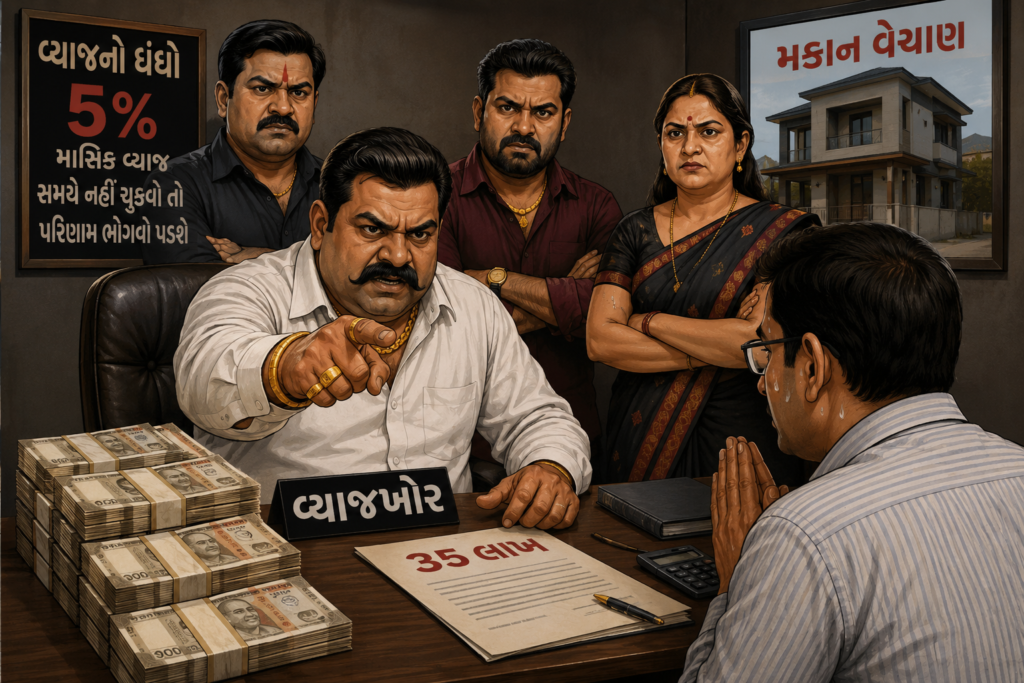 વ્યાજખોરોએ ૩૫ લાખ રૂપિયા ની વસૂલાત ના ચક્કર મા એક નિર્દોષ રહીશ ને મકાન વેચાતુ આપવાના ચક્કર મા ફસાવી દીધો..!!